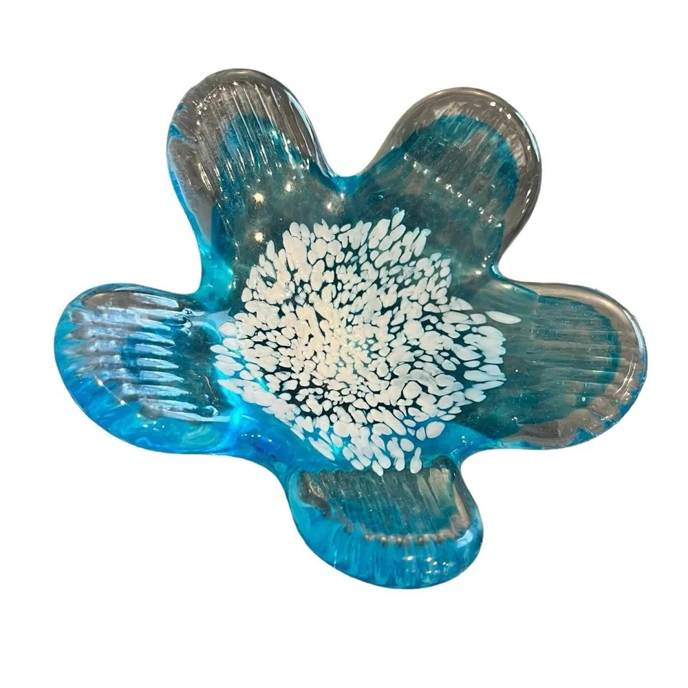 Crate and Barrel Aqua Blue Abstract Art Glass Flower Trinket Dish NEW
